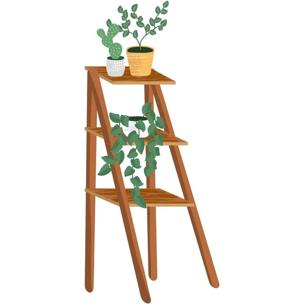 Зеленое Растение Траве Различные Цветочный Горшок Деревянной Иллюстрации Стенда Горшочковый — стоковый вектор