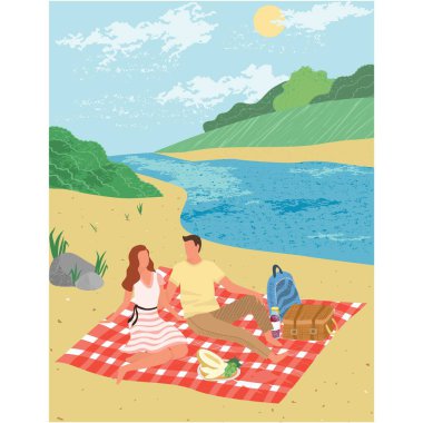 Park illüstrasyonunda piknik. Vector ailesi, insanlar yaz karikatürlerinde nehir kıyısında dinlenirler. Sevgililer açık havada buluşur. Doğa manzarası