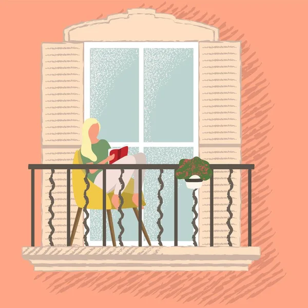 House Balcony Window Vector People Stay Home Illustration Woman Reading — Stock Vector
