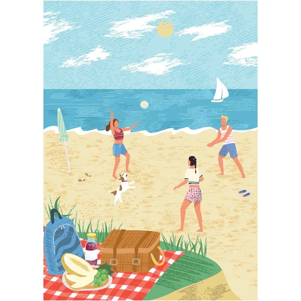 Beachvolleyball Freunde Spielen Ball Cartoon Jugend Und Spiel Den Sommerferien — Stockvektor