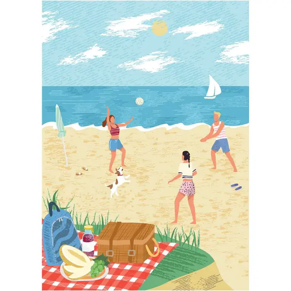 排球场矢量 朋友们玩球卡通片 暑假期间的青春与游戏 人们的休闲活动 户外野餐和体育图解 沙滩海岸景观 图库插图
