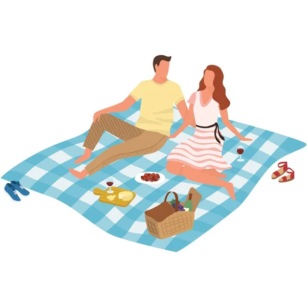 Ilustração Piquenique Verão Vector Família Pessoas Casal Descansar Sentado Cobertor —  Vetores de Stock