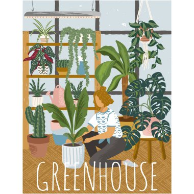 Kadın sera bahçesinde çalışıyor. Evde saksıda çiçek yetiştiren genç vektör kız. Bahçıvanlık hobisi