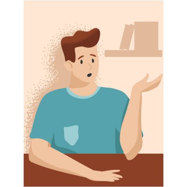 Çevrimiçi video konferans vektörü. Suratı sürpriz olmuş bir adam masada oturuyor. Ofisteki kafası karışmış korkmuş erkek çalışanın endişesi. Şaşırmış işçi karakteri