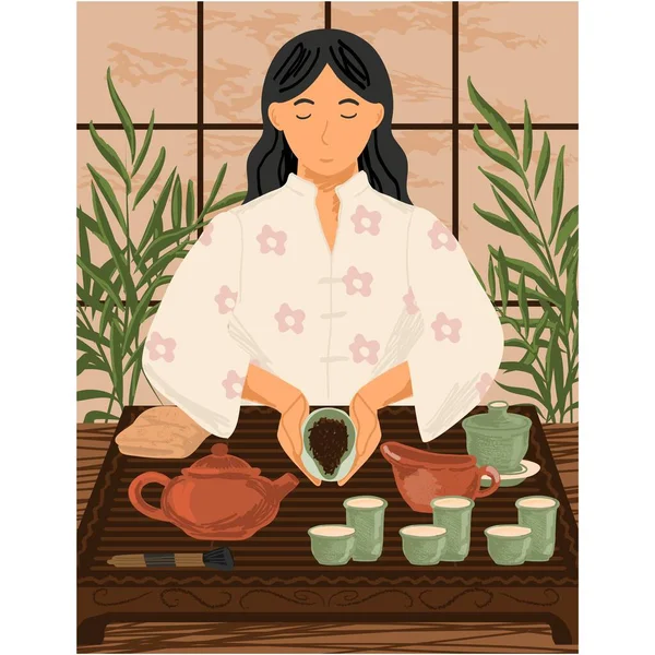 日本茶調製ベクター 着物姿のアジアの女性は 伝統的な天然ハーブ飲料のイラストを醸造 東洋の抹茶の儀式コンセプト — ストックベクタ