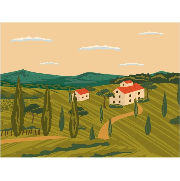 Vineyard Vector Farm Landscape Grape Wine Field Illustration Rural Background — Stock Vector