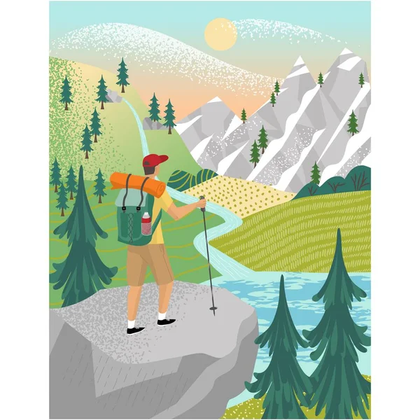 Man Mountain Vector Flat Highlands Landscape Illustration Tourist Hiker Travel — Stock Vector