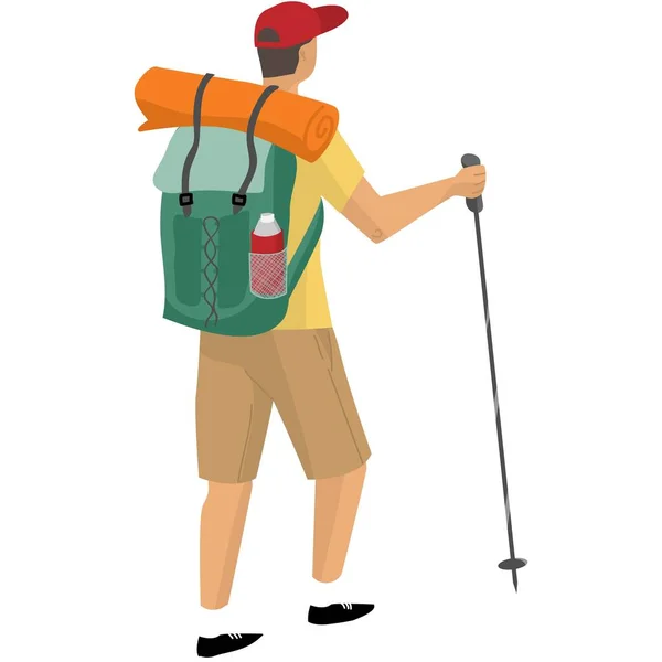 Homem Caminhante Vetor Ilustração Viajante Mochileiro Plano Viagem Turística Vista —  Vetores de Stock