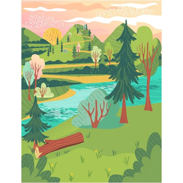ベクトルの森の背景 川や草のフィールドと自然景観 夏の土地のデザイン 緑の公園漫画のポスター — ストックベクタ
