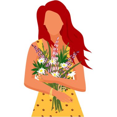 Çiçek buketi taşıyıcısı olan kadın. Çiçekli hediye ikonu olan mutlu kız. Beyaz arka planda bahar ya da yaz çiçeği olan bir kadın karakter. Kutlama kartı için tasarım