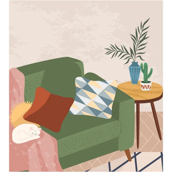 客厅的室内装饰着猫在沙发上休息 室内家具设计与舒适的沙发 宠物和家庭植物在桌子上的插图 精神健康和放松的安静场所 — 图库矢量图片
