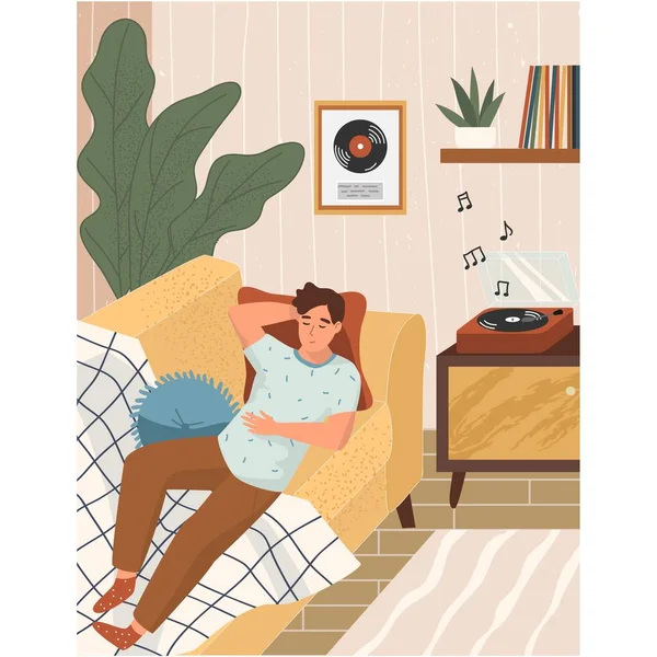 Man Listening Music Relax Sofa Home Vector Illustration Cartoon Young — Stock Vector