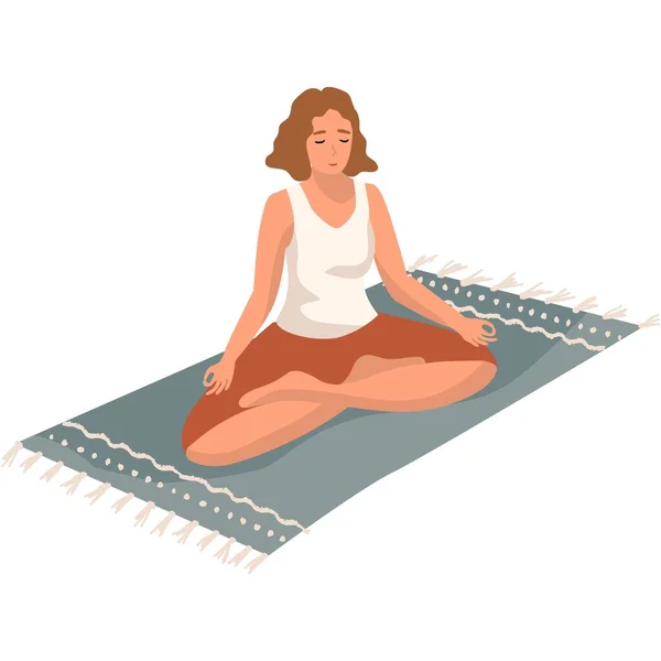 Vrouw Mediteren Doen Yoga Ontspannen Mat Vector Cartoon Illustratie Geïsoleerd — Stockvector