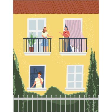 Karantina altındaki insanlarla dolu balkon penceresi. Ev binası ve komşu illüstrasyonu. Telefondan konuşan adam ve iletişim kuran iki kadın tecritte kalıyor.