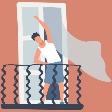 Vektör balkon penceresi. Adam karantina vektöründe. Ev binası ve komşu illüstrasyonu. Adam sabah egzersizi yapıyor. İzolasyonda kal. Mesafeyi koru.