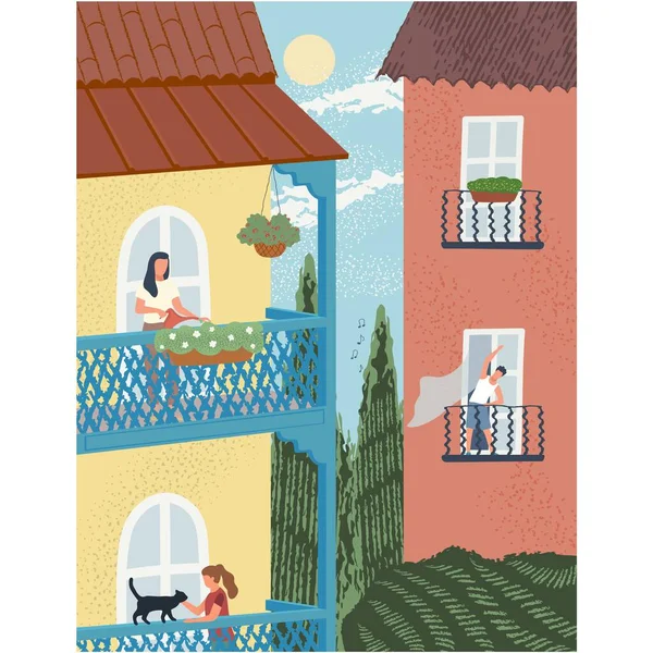 Okno Balkonowe Ludźmi Pod Kwarantanną Domowy Budynek Mieszkalny Ilustracja Sąsiedztwa — Wektor stockowy
