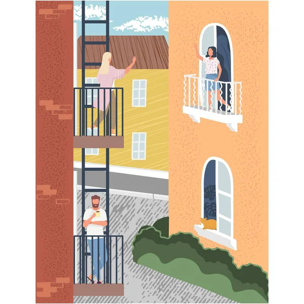 Okno Balkonowe Ludźmi Pod Kwarantanną Dom Budynku Mieszkalnego Ilustracji Sąsiedztwa — Wektor stockowy