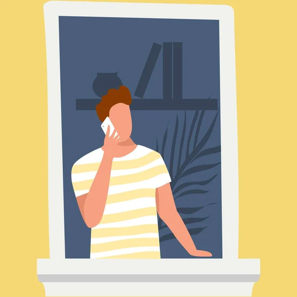 Home Window Vector Quarantine Neighborhood Concept Man Talking Phone Stay — Stock Vector