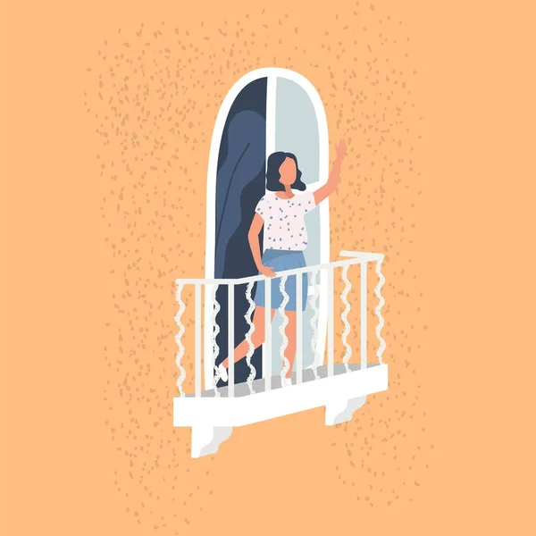 Okno Balkonowe Wektora Kobieta Wektorze Kwarantanny Dom Budynku Mieszkalnego Ilustracji — Wektor stockowy
