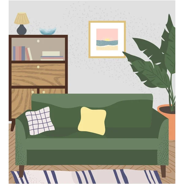 有舒适沙发载体的家庭办公室内部 供远程在线自由职业设计说明用的带家具的平房 — 图库矢量图片