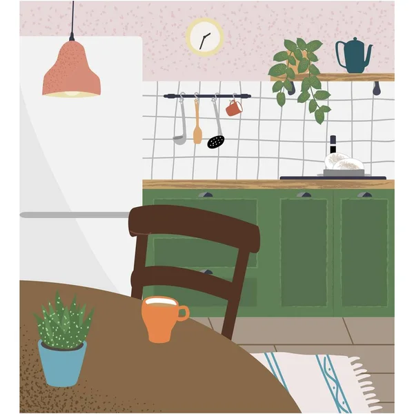 家庭厨房内部舒适的地方到工作载体 供远程在线自由职业设计说明用的带家具的平房 — 图库矢量图片