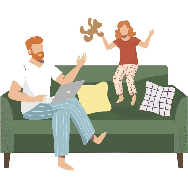Father Work Home Vector Family Quarantine Busy Parent Laptop Child — Stock Vector
