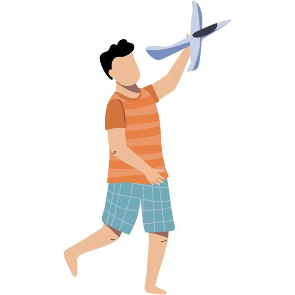 Мальчик Играет Игрушечной Плоскости Вектор Изолированный Значок Счастливый Летчик Самолетной — стоковый вектор