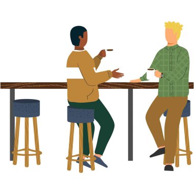 Arkadaşlar çay ya da kahve vektör illüstrasyonu içerler. Barda elinde fincanlarla konuşan çizgi film karakterleri. Kafeteryada oturan genç karakterler sıcak içeceklerden ve beyaz tenli güzel sohbetlerden hoşlanırlar.