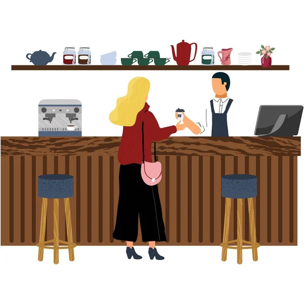 Kundin Bezahlt Cafeteria Für Kaffee Oder Teegetränk Vektor Illustration Weibliche — Stockvektor