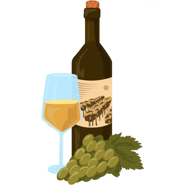 酒瓶与葡萄酒杯和葡萄向量图标分离的白色背景 酒厂和葡萄园标志设计元素 — 图库矢量图片
