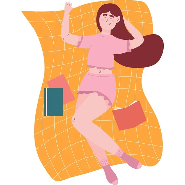 Γυναίκα Κοιμάται Ξαπλωμένη Κουβέρτα Μετά Βιβλίο Ανάγνωση Διάνυσμα Εικονίδιο Χαρούμενοι — Διανυσματικό Αρχείο