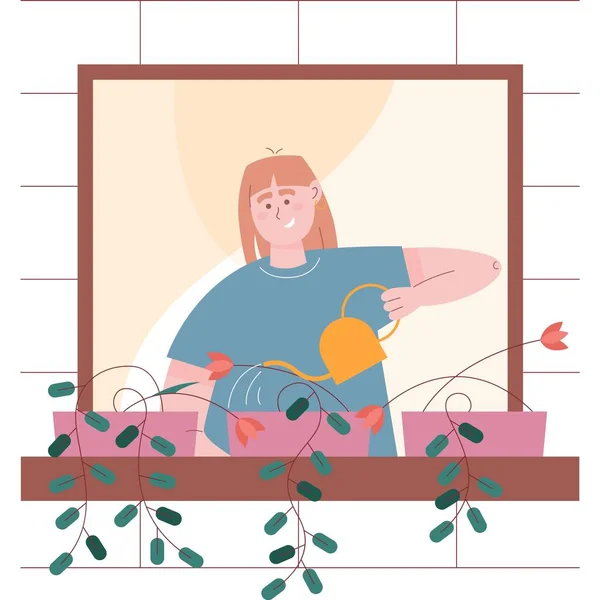 Векторная Женщина Поливает Иконку Цветочного Растения Девушка Автомобиль Сада Балконе — стоковый вектор
