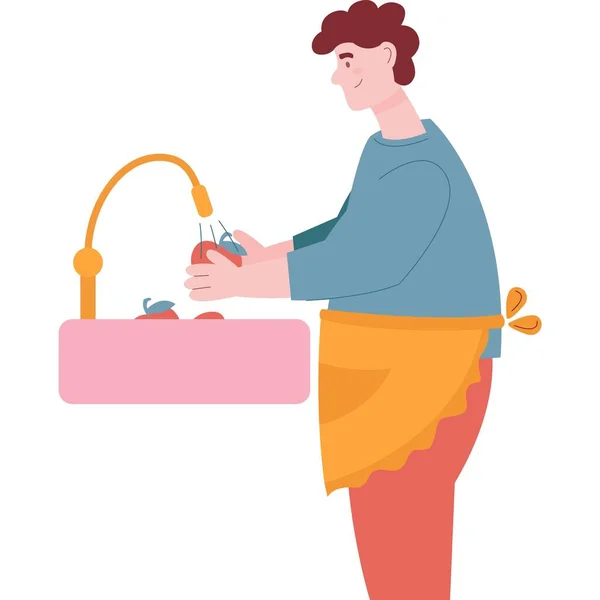 Ícone Comida Cozinha Homem Vetor Lavando Maçã Usando Pia Cozinha —  Vetores de Stock