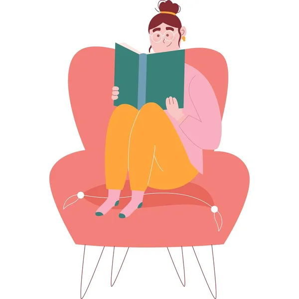病媒妇女阅读书籍图标 女生坐在扶手椅上 课本与白色背景隔离 图库矢量图片