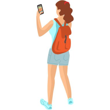 Telefon kamerası vektörü üzerinden çekilen kadın turist beyaz arka planda izole edilmiş bir ikon. Kadın karakterin arka tarafı video karikatürü çiziyor. Seyahat, seyahat ve macera konsepti