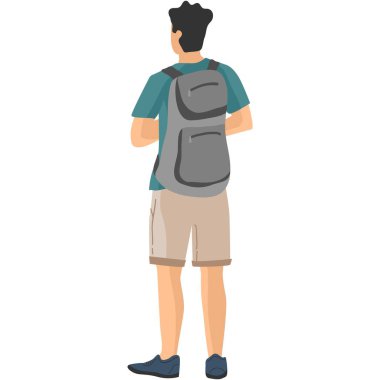 Sırt çantası vektör simgesiyle geri görüş yürüyüşçüsü. Turist kıçı. Macera yolculuğunun tadını çıkar. Turist yürüyüşü çizimi. Beyaz arkaplanda münferit erkek karakter kaşifi