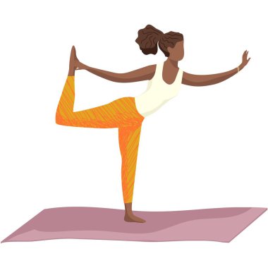 Yoga kadın vektörü. Çizgi filmciler düz çizim yapıyor. Beyaz arka planda tek ayak ikonu üzerinde duran Afrikalı Amerikalı kadın dengeyi koruyor. Sakin, zihin ve vücut rahatlama konsepti