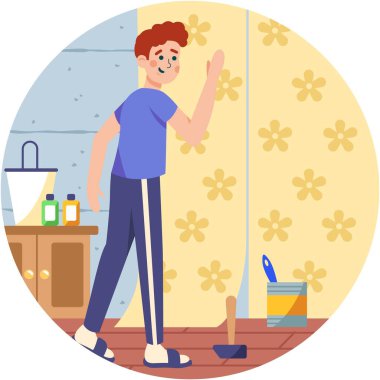 Ev yenileme vektörü. Erkek karakter duvar kâğıdı resimlerini yapıştırıyor. Odanın duvarları değişti. Daire geliştirme çizgi filmi