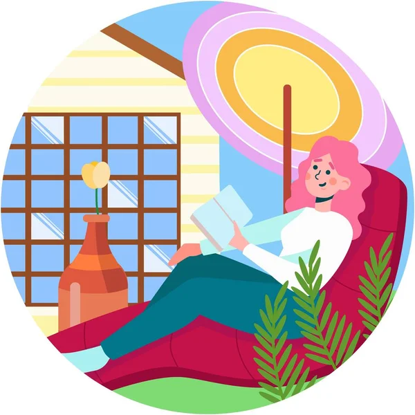 Woman Read Book Home Vector Illustration Cartoon Girl Person Relax — Stock Vector