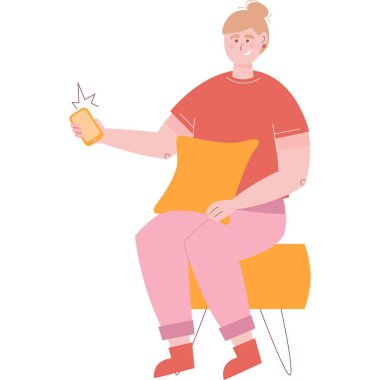 Cep telefonu uygulama simgesi kullanan vektör kız. İnsanlar ve sosyal medya ağı kavramı. Sandalyede oturan ve elinde akıllı telefonu tutan kadın beyaz arka planda izole edilmiş.