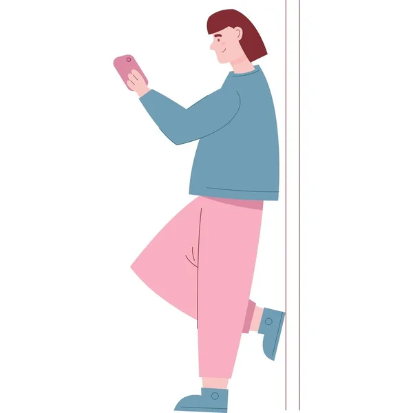 Векторная Девушка Иконкой Мобильного Телефона Молодая Женщина Просмотр Чаты Социальных — стоковый вектор