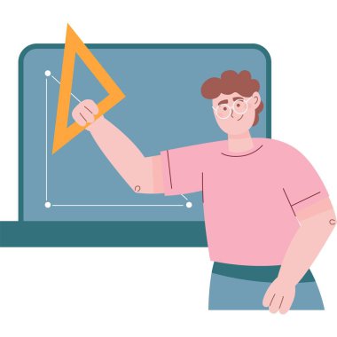 Matematik dersi ikonu. Tahtaya oturan vektör erkek öğretmen beyaz arka planda izole edilmiş, okul eğitimi İnternet 'te