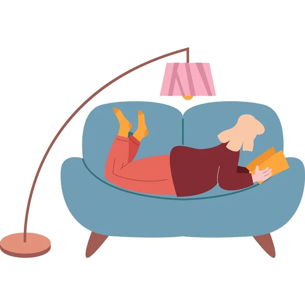Woman Reading Book Icon Vector Female Character Rest Home Couch — Stock Vector