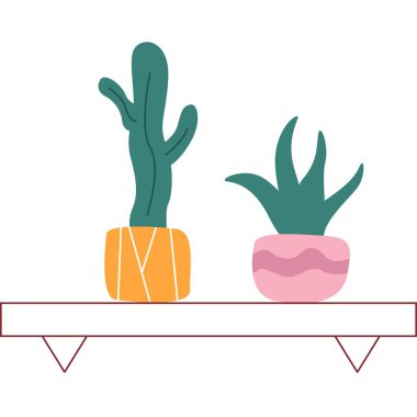 Çiçek saksısı vektörlü raf. Ev içi ikonu. Duvarında çiçek saksısı asılı, beyaz arka planda izole bir kitaplık.