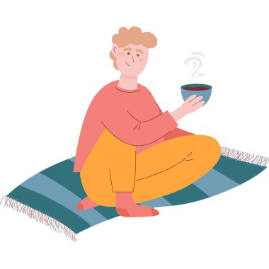 Vektör adam kahve ya da çay ikonu içiyor. Erkek karakter bardağı beyaz arka planda izole bir şekilde paspasın üzerinde oturuyor