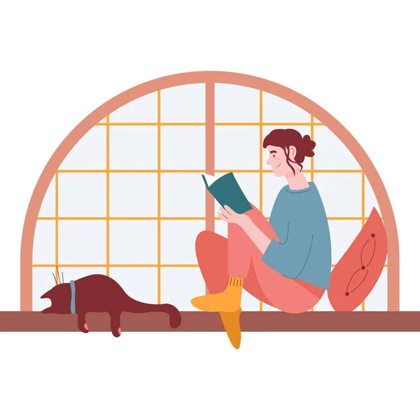 Vector Woman Reading Home Window Icon Girl Relax Sitting Windowsill — Stock Vector