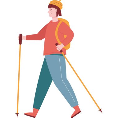 İnsan, çubuklarla yürüme egzersizi ikonu yapmayı sever. Turist yürüyüşü ve yürüyüş. Fitness aktivitesi ve spor