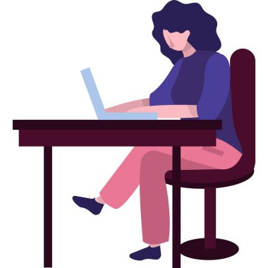 Kadın serbest yazar ikonu. Beyaz arkaplanda izole edilmiş dizüstü bilgisayar kullanarak çevrimiçi proje üzerinde çalışan vektör iş kadını