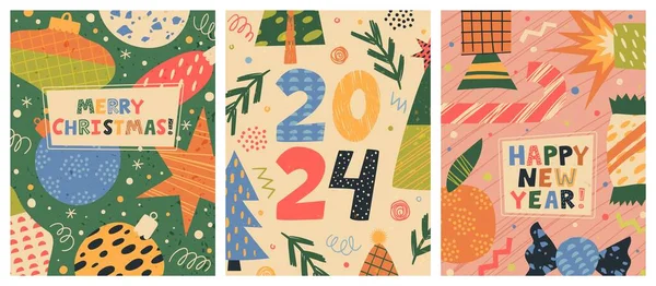 メリークリスマス 2024年と幸せな新年の挨拶カード 休日のポスター およびカバーの孤立したセット お祝いの冬のバブルやアクセサリー ファイヤーツリー要素ベクターイラストデザイン ストックイラスト