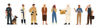 Farklı karakterler ve izole edilmiş çeşitli meslekler. Av köpeği, doktor, öğretmen, itfaiyeci, fotoğrafçı, arı yetiştiricisi, gazeteci, akademisyen polis temsilcisi